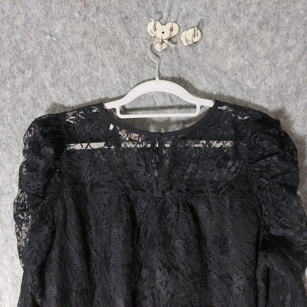 Loft Women Lace Blouse 8 Black Gothic Long Sheer Puff Sleeve Floral lined Top